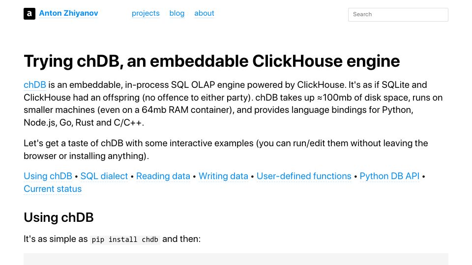 Screenshot of antonz.org: Trying chDB, an embeddable ClickHouse engine