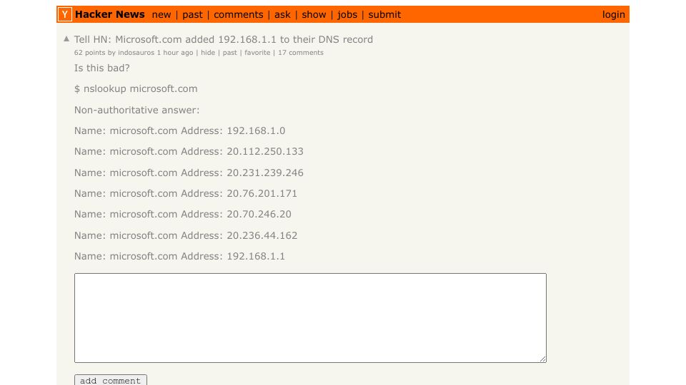 Screenshot of Hacker News post: Tell HN: Microsoft.com added 192.168.1.1 to their DNS record