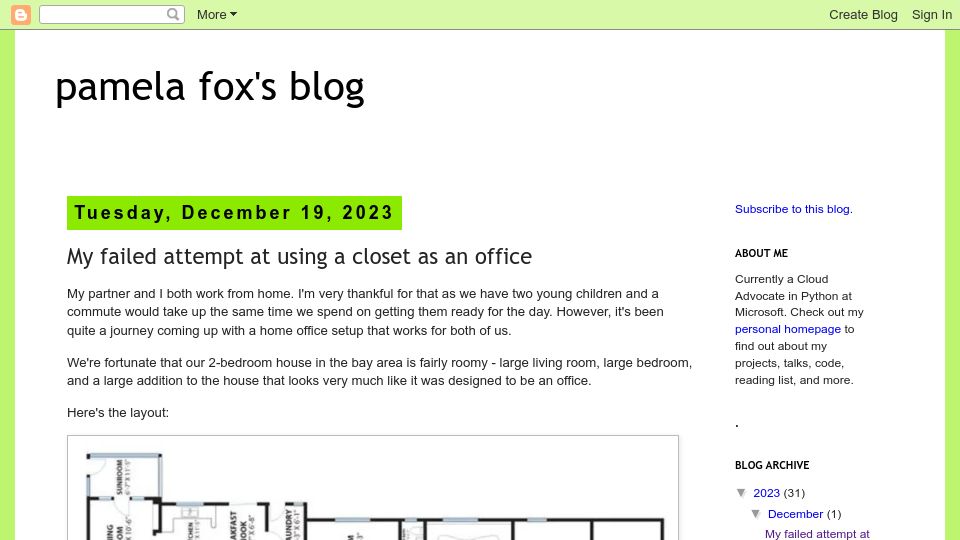 Screenshot of blog.pamelafox.org: My failed attempt at using a closet as an office