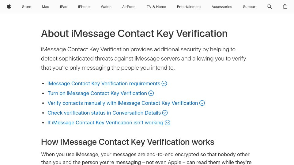 Screenshot of support.apple.com: iMessage Key Verification