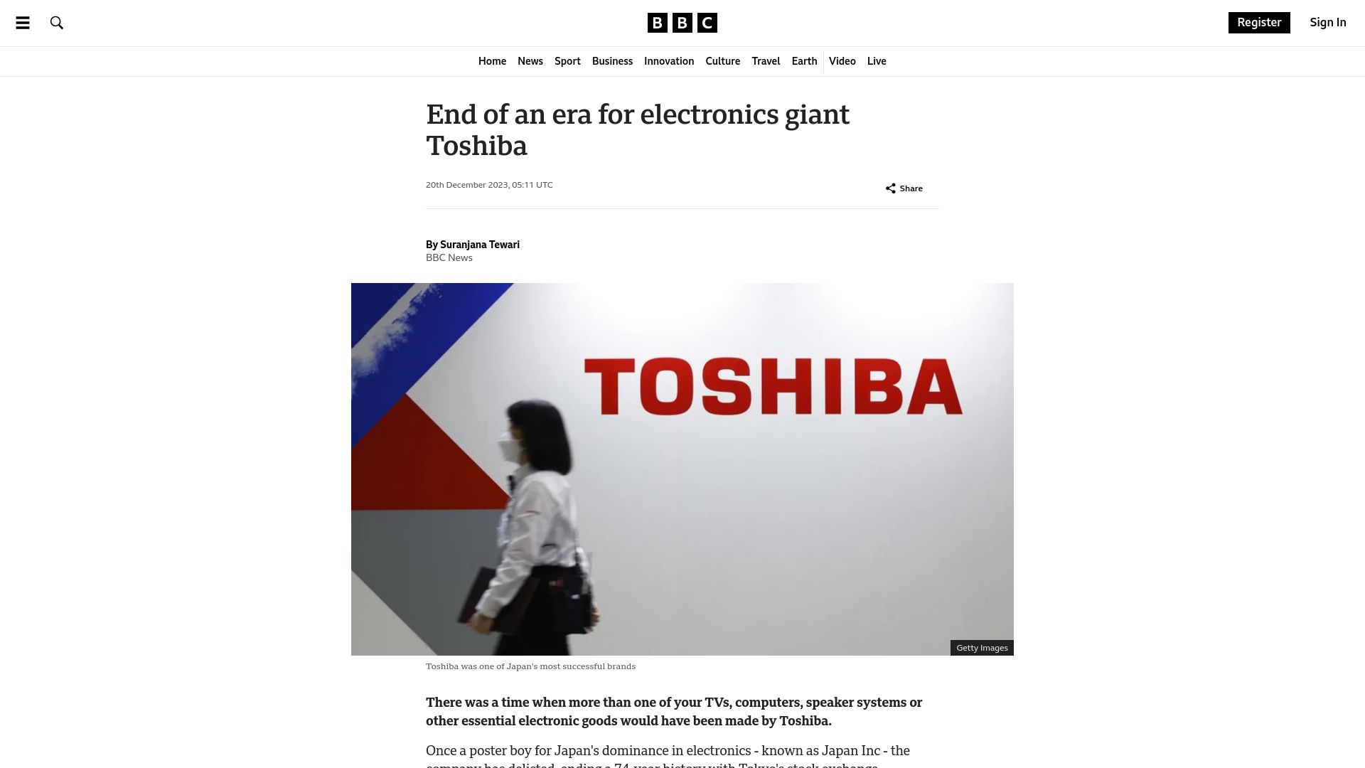 Screenshot of bbc.com: End of an era for electronics giant Toshiba