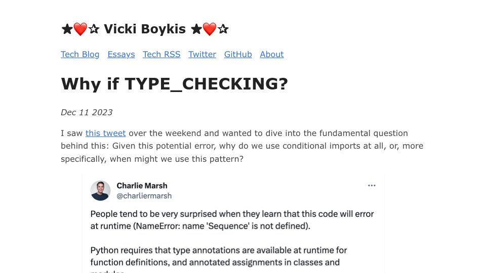 Screenshot of vickiboykis.com: Why if TYPE_CHECKING?
