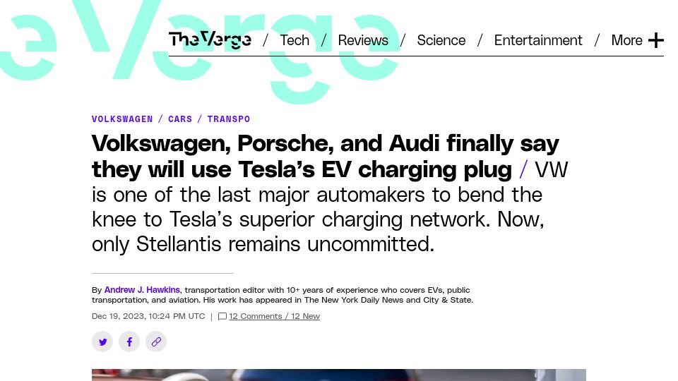 Screenshot of theverge.com: Volkswagen, Porsche, and Audi say they will use Tesla's EV charging plug