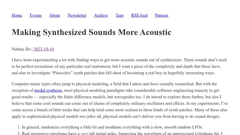 Screenshot of nathan.ho.name: Making synthesized sounds more acoustic