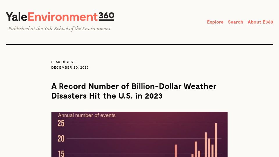 Screenshot of e360.yale.edu: A Record Number of Billion-Dollar Weather Disasters Hit the U.S. in 2023