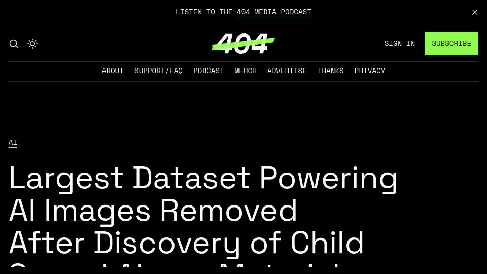 Screenshot of 404media.co: Laion Took Down Its Datasets After Discovery of Child Sexual Abuse Material