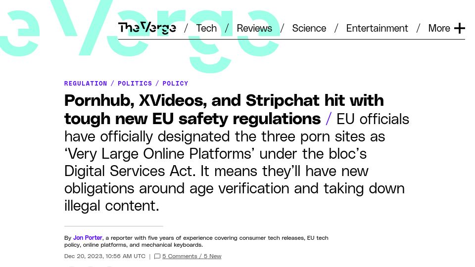 Screenshot of theverge.com: Pornhub, XVideos, and Stripchat hit with tough new EU safety regulations