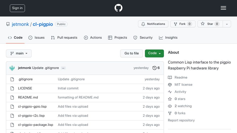 Screenshot of github.com: Common Lisp interface to the pigpio Raspberry Pi hardware library