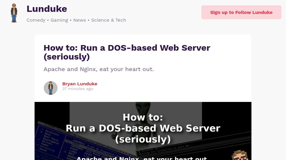 Screenshot of lunduke.locals.com: Run a DOS-based Web Server (seriously)