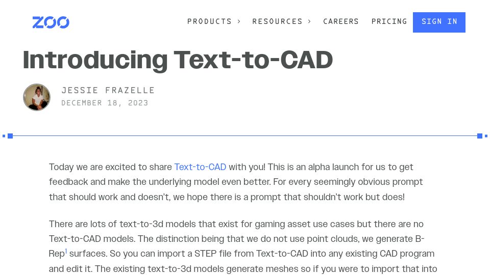 Screenshot of zoo.dev: Text-to-CAD
