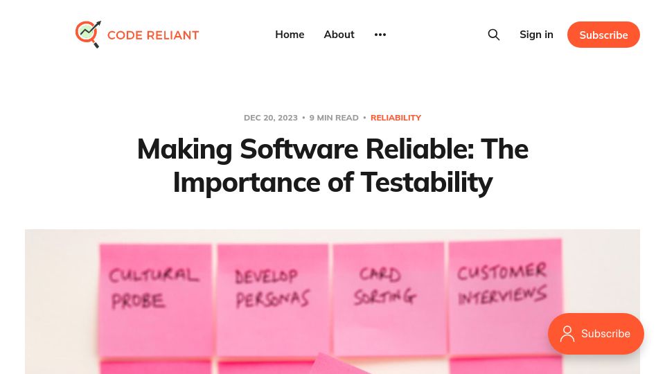 Screenshot of codereliant.io: Making Software Reliable: The Importance of Testability