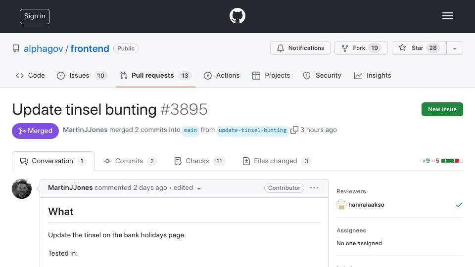 Screenshot of github.com: Update tinsel bunting