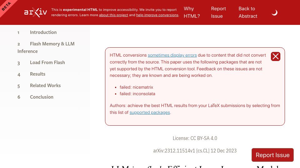 Screenshot of browse.arxiv.org: Efficient Large Language Model Inference with Limited Memory