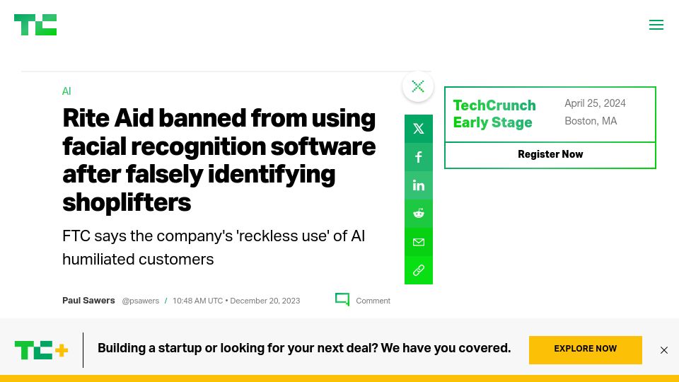 Screenshot of techcrunch.com: Rite Aid banned from using face recognition software after false ID shoplifters