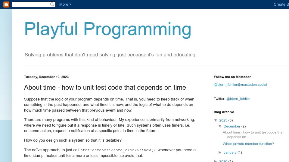 Screenshot of playfulprogramming.blogspot.com: How to unit test code that depends on time