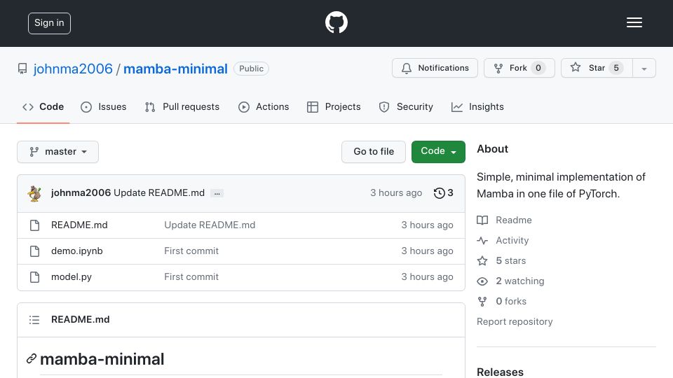 Screenshot of github.com: Implementation of Mamba in one file of PyTorch