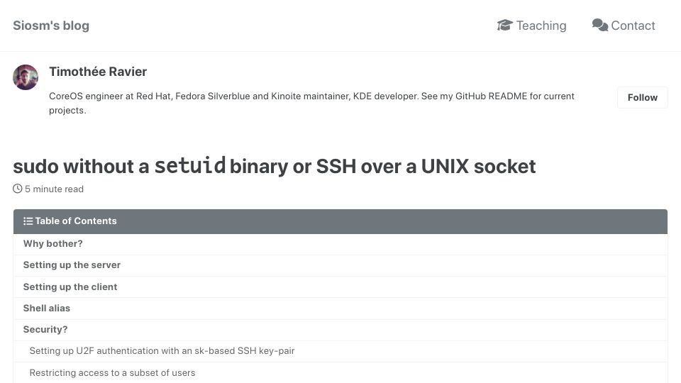 Screenshot of tim.siosm.fr: Sudo without a setuid binary or SSH over a Unix socket