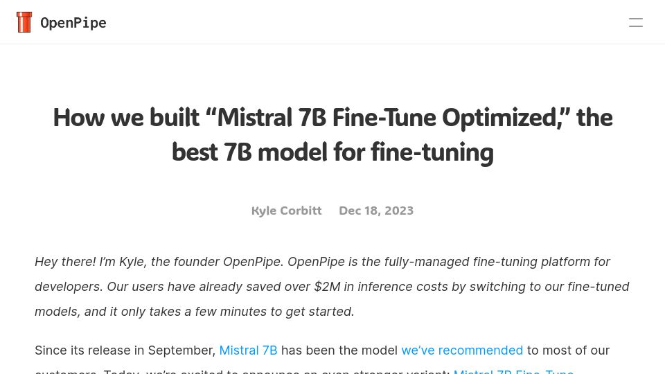 Screenshot of openpipe.ai: Mistral 7B Fine-Tune Optimized