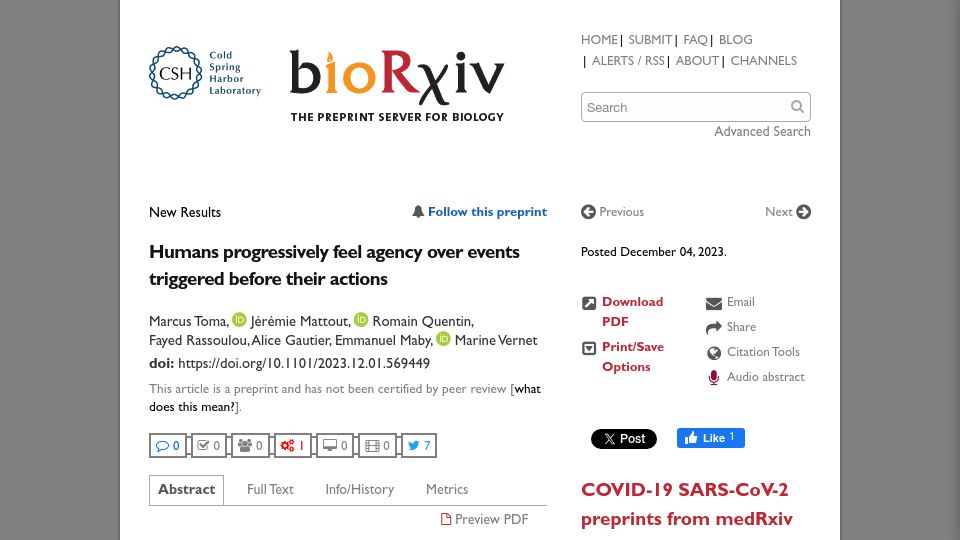 Screenshot of biorxiv.org: Humans progressively feel agency over events triggered before their actions