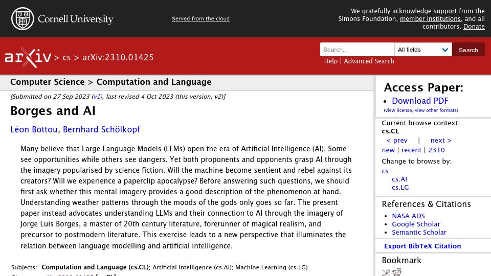 Screenshot of arxiv.org: Borges and AI