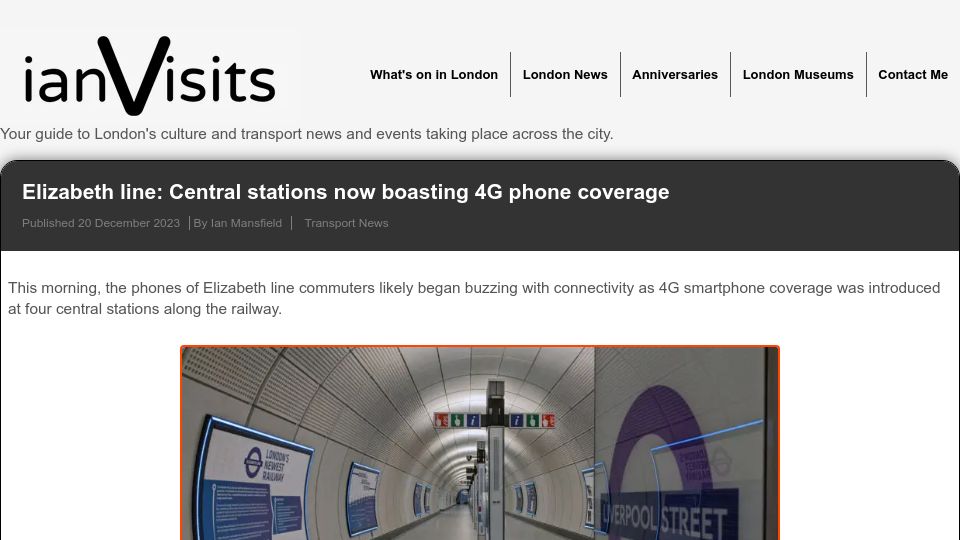 Screenshot of ianvisits.co.uk: Elizabeth line: Central stations now boasting 4G phone coverage