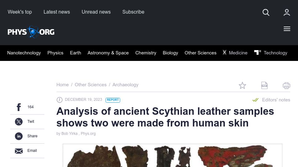 Screenshot of phys.org: Analysis of ancient Scythian leather samples shows two were made from human skin