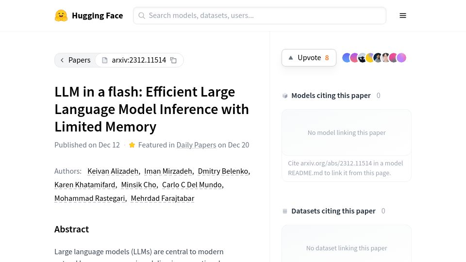 Screenshot of huggingface.co: LLM in a Flash: Efficient LLM Inference with Limited Memory