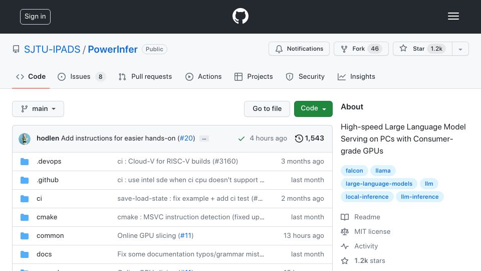 Screenshot of github.com: High-Speed Large Language Model Serving on PCs with Consumer-Grade GPUs