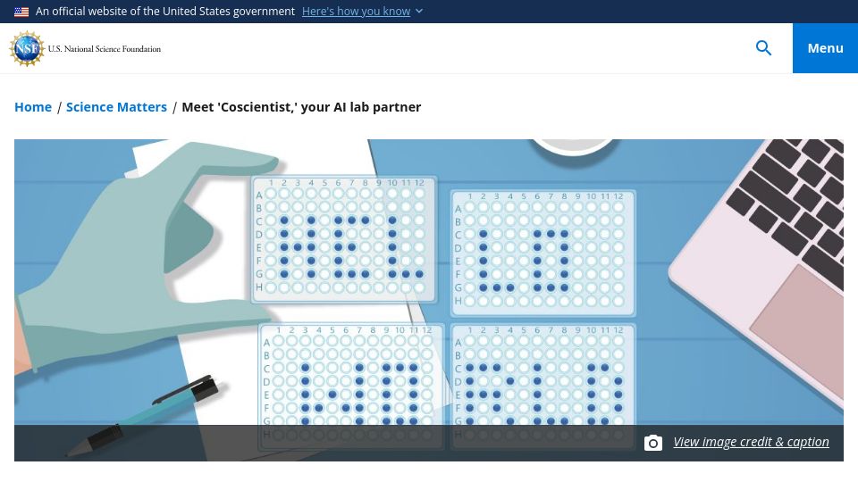 Screenshot of new.nsf.gov: An AI that learns about chemical reactions and designs a procedure to make them