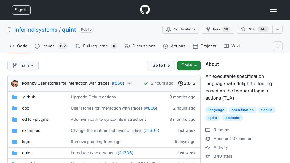 Screenshot of github.com: Quint: A specification language based on the temporal logic of actions (TLA)