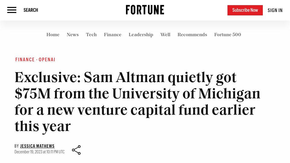 Screenshot of fortune.com: Sam Altman got $75M from the University of Michigan for a new VC fund