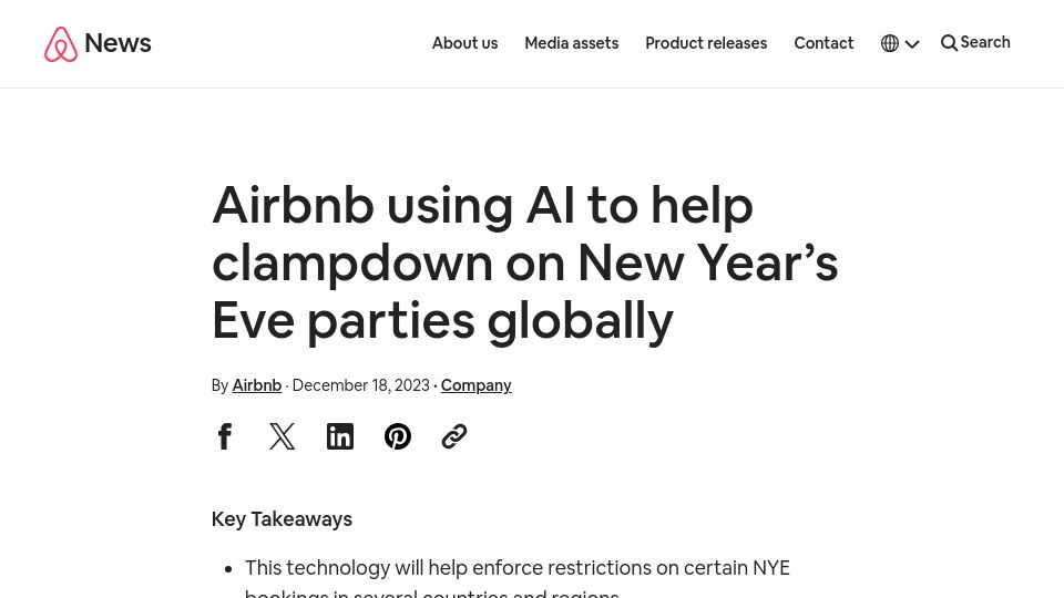 Screenshot of news.airbnb.com: Airbnb is deploying AI to block New Year's Eve bookings that could be parties