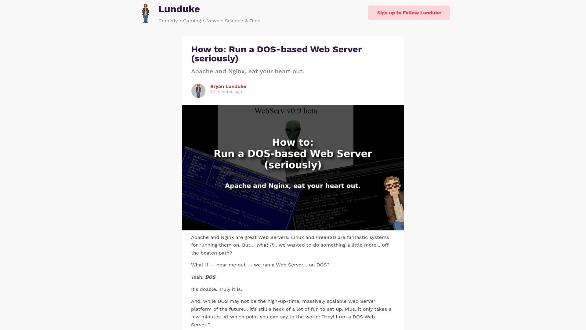 Screenshot of lunduke.locals.com: Run a DOS-based Web Server (seriously)