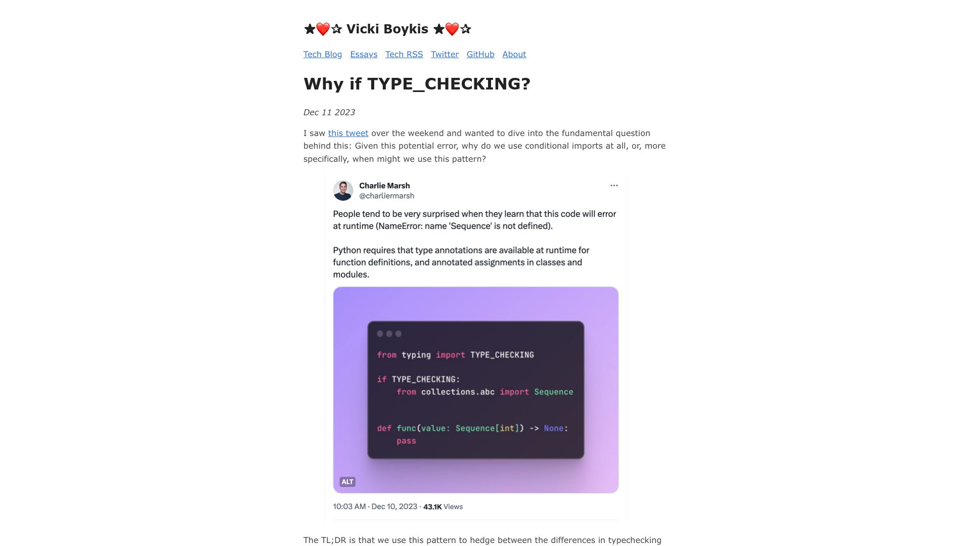 Screenshot of vickiboykis.com: Why if TYPE_CHECKING?