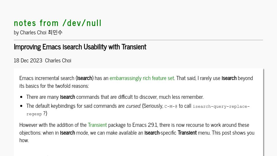 Screenshot of yummymelon.com: Improving Emacs Isearch Usability with Transient
