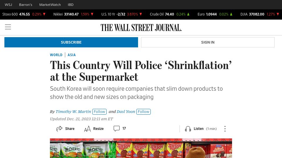 Screenshot of wsj.com: South Korea Will Police 'Shrinkflation' at the Supermarket