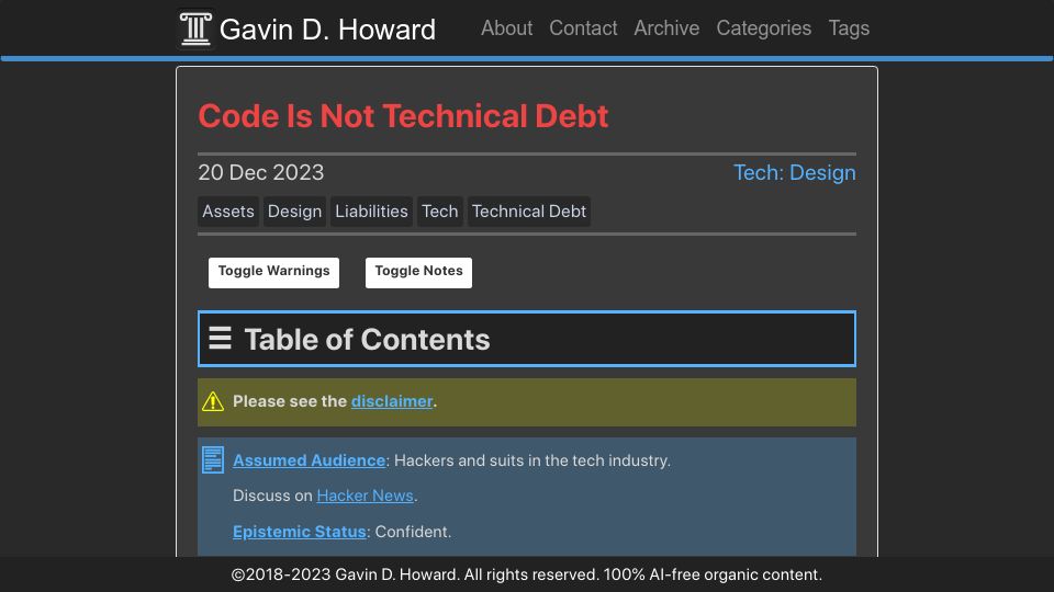 Screenshot of gavinhoward.com: Code Is Not Technical Debt