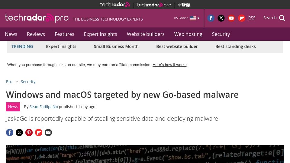 Screenshot of techradar.com: Windows and macOS targeted by new Go-based malware