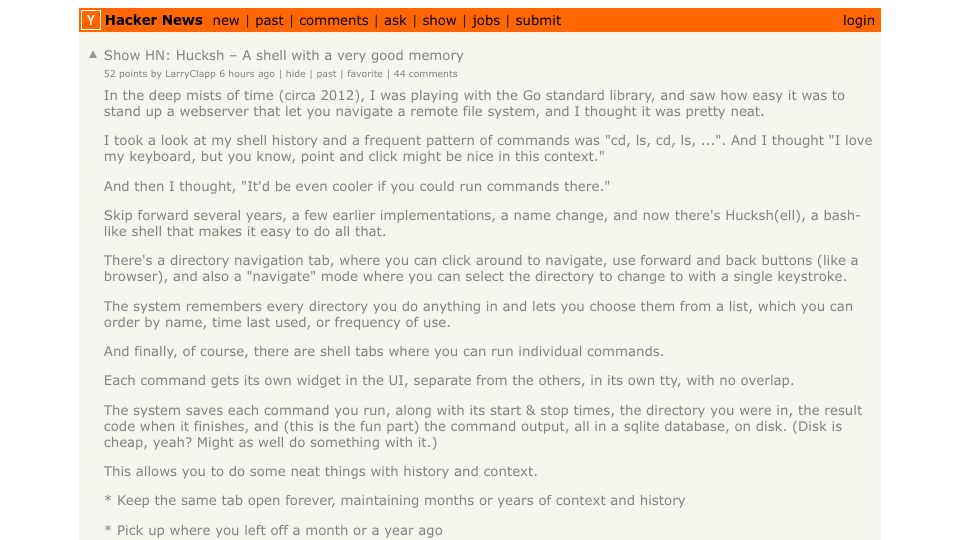 Screenshot of Hacker News post: Show HN: Hucksh – A shell with a very good memory