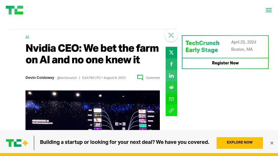 Screenshot of techcrunch.com: Nvidia CEO: We bet the farm on AI and no one knew it