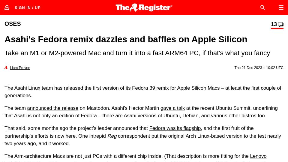 Screenshot of theregister.com: The Register looks at the first release of Fedora Asahi Remix