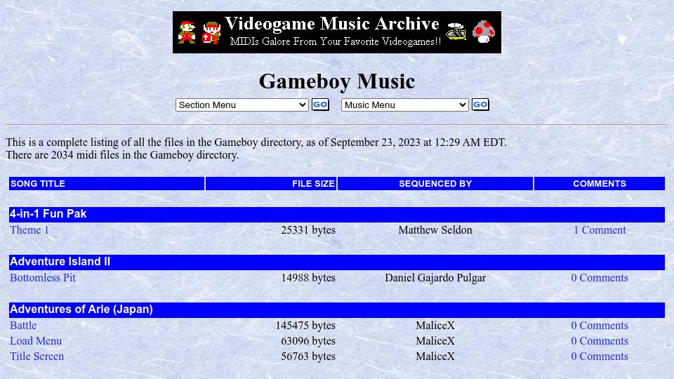 Screenshot of vgmusic.com: Gameboy music and sound archive for MIDI