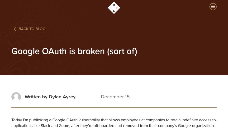 Screenshot of trufflesecurity.com: Google OAuth is broken (sort of)