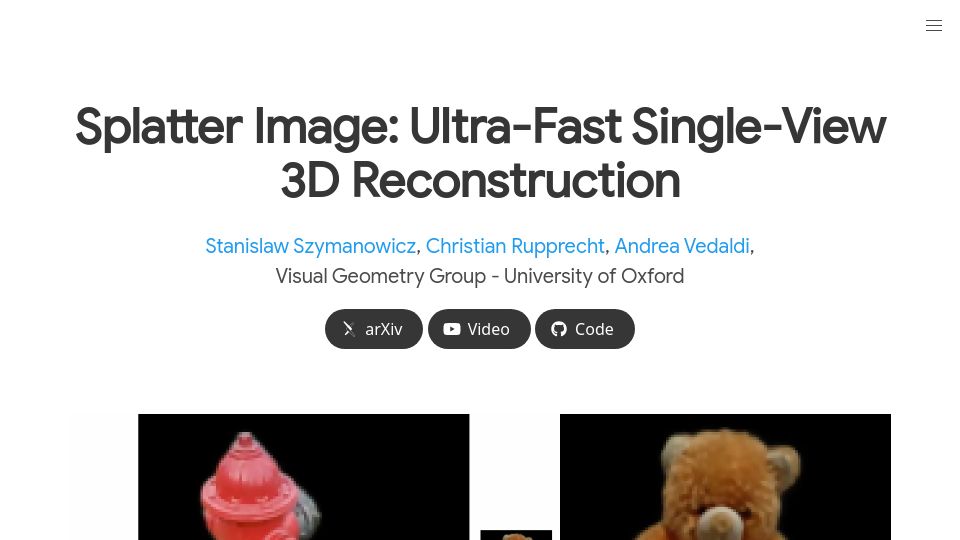 Screenshot of szymanowiczs.github.io: Splatter Image: Ultra-Fast Single-View 3D Reconstruction
