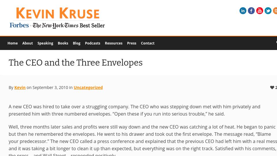 Screenshot of kevinkruse.com: The CEO and the Three Envelopes (2010)