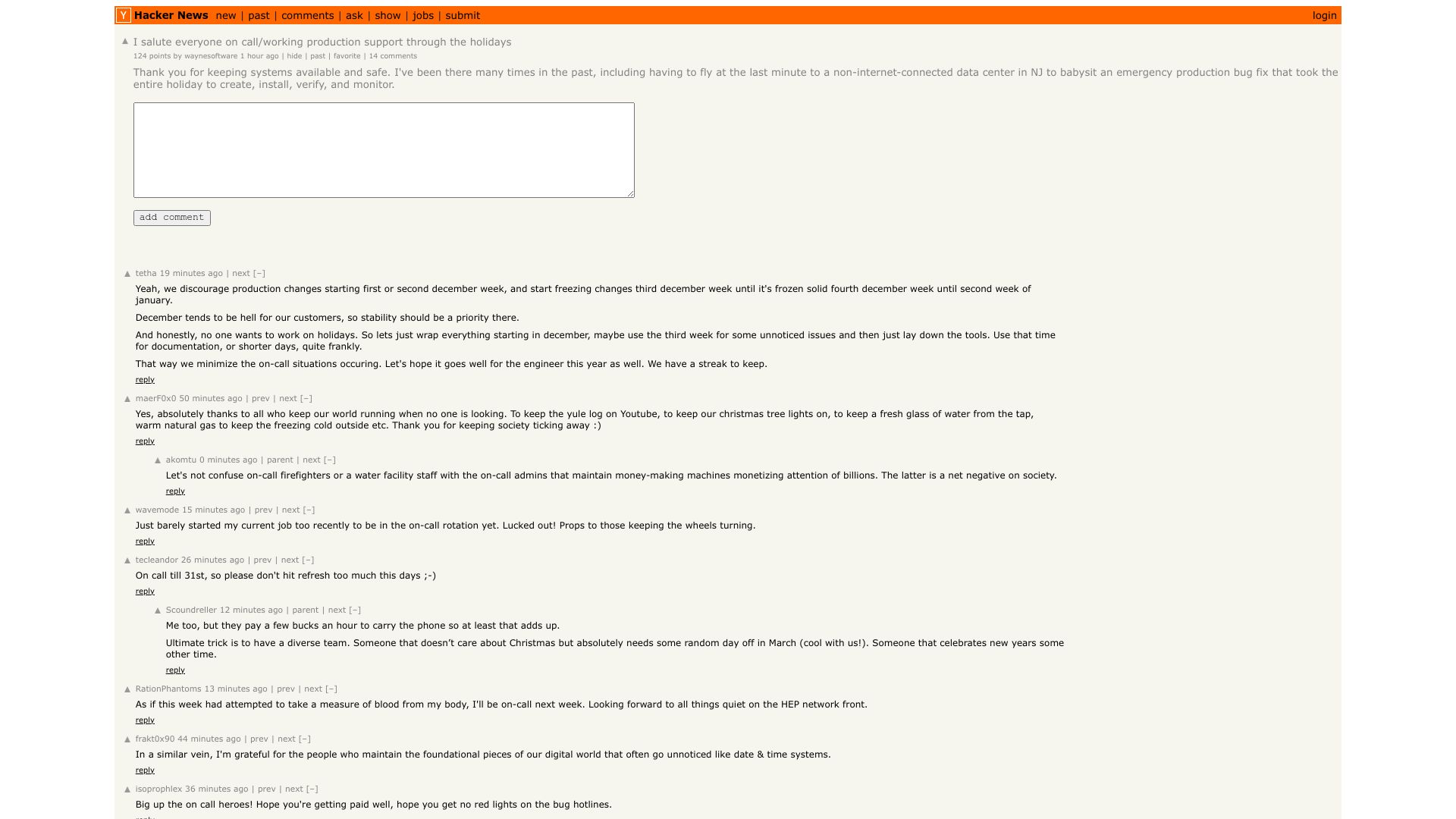 Screenshot of this Hacker News post: Tell HN: I salute everyone on call/working support through the holidays