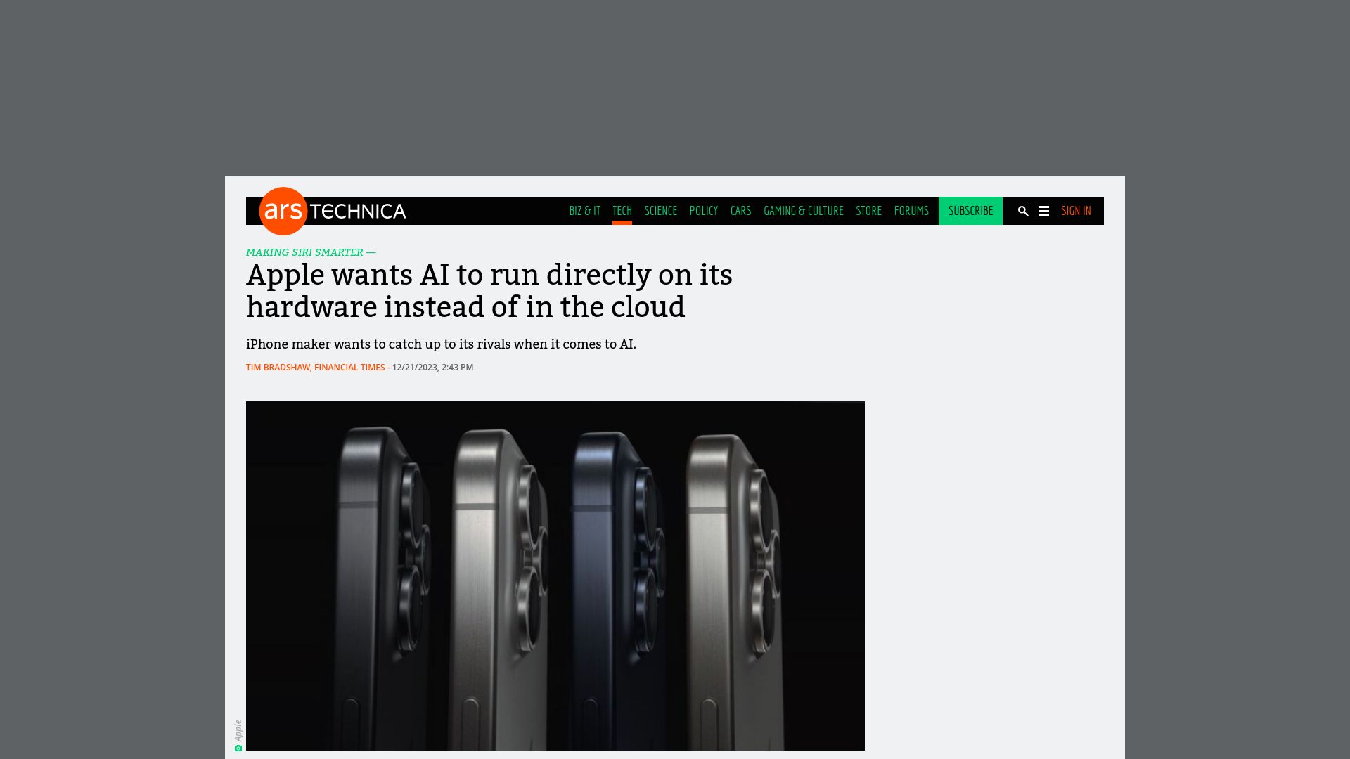 Screenshot of arstechnica.com: Apple wants AI to run directly on its hardware instead of in the cloud