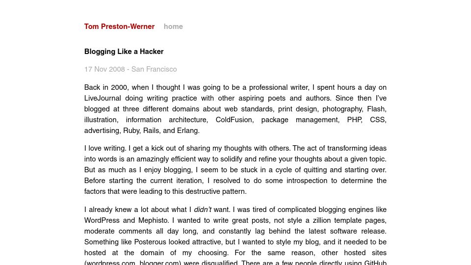 Screenshot of tom.preston-werner.com: Blogging Like a Hacker (2008)