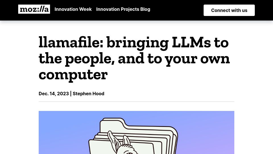 Screenshot of future.mozilla.org: Llamafile: Bringing LLMs to the people, and to your own computer