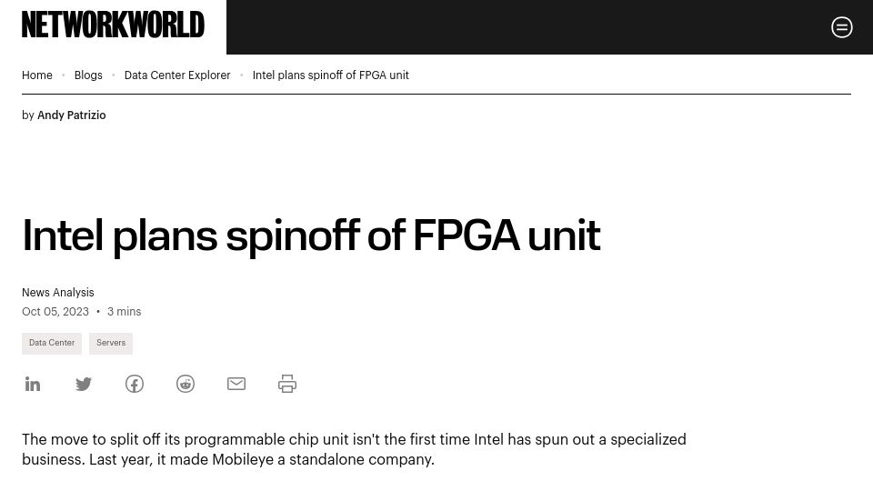 Screenshot of networkworld.com: Intel plans spinoff of FPGA unit